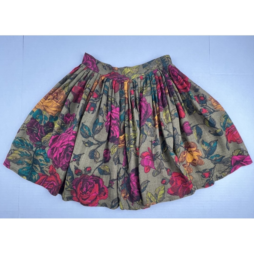 VTG Linda Allard Ellen Tracy Floral Skirt Womens Size 4 Green Pink Ruch Pleated